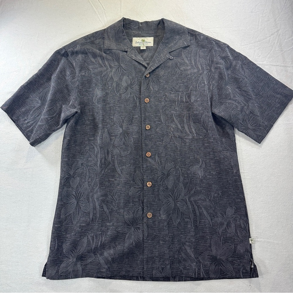 Island Shores Floral Gray Patterned Shirt 100% Silk Men’s Sz S